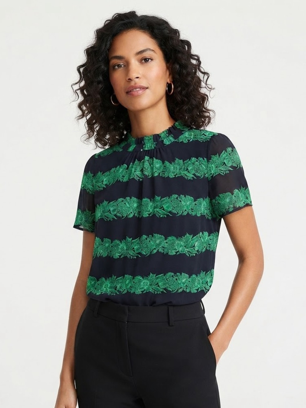 J.Crew Green & Black Floral Striped Ruffle Mock Neck Short Sleeve Blouse Size 8